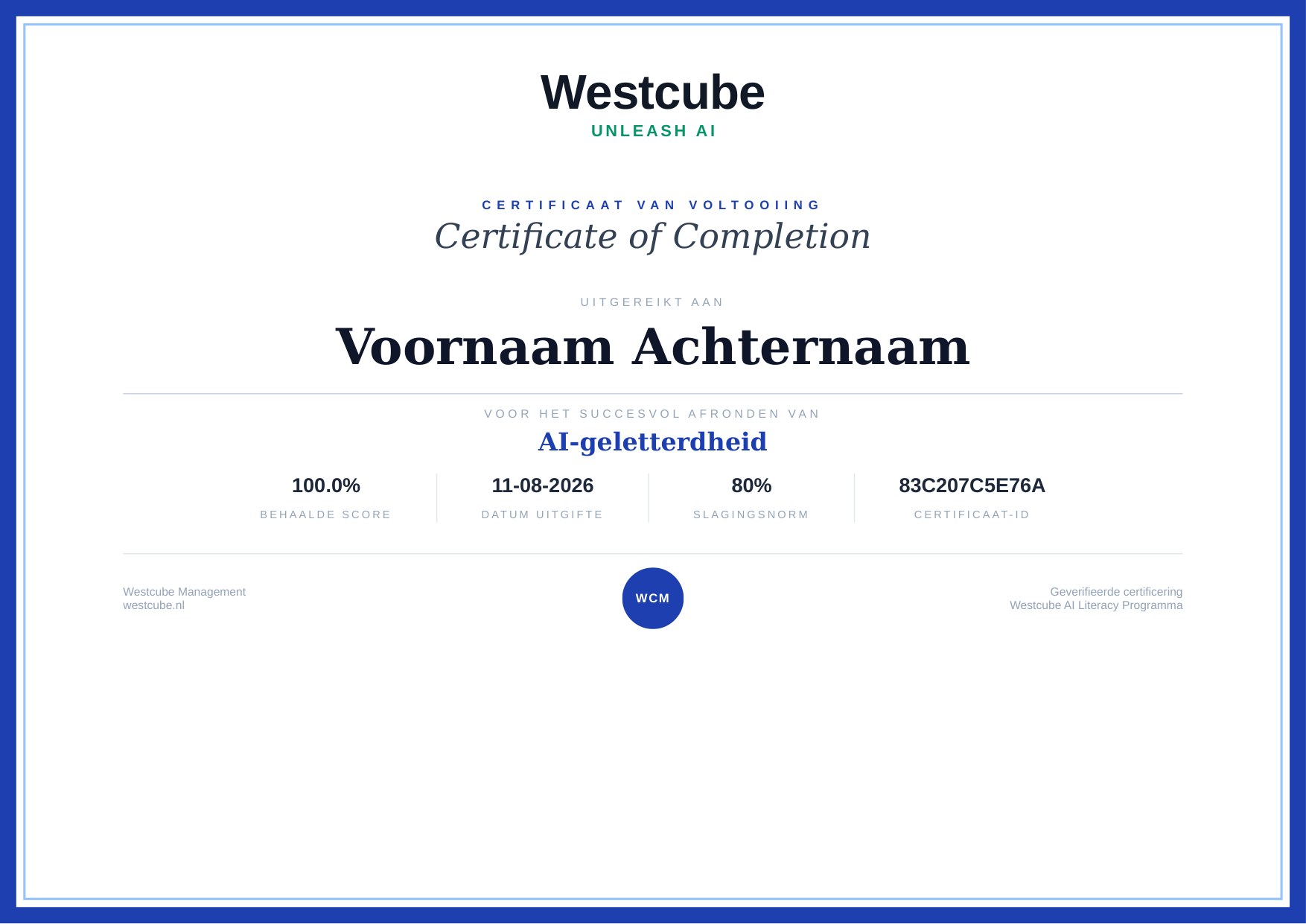 Voorbeeld van het Westcube-certificaat AI-geletterdheid