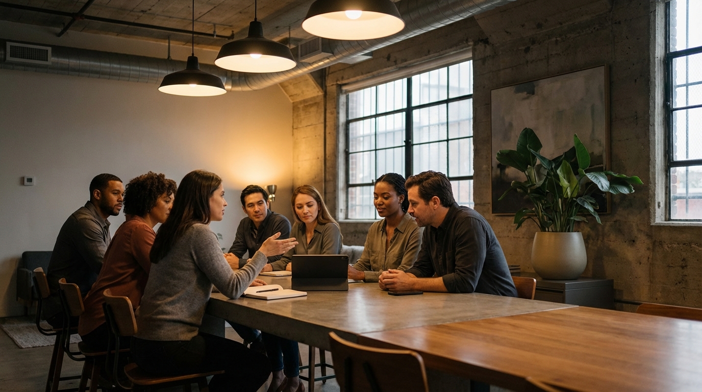 Groep professionals in gefocuste discussie tijdens een workshop in een loft-ruimte