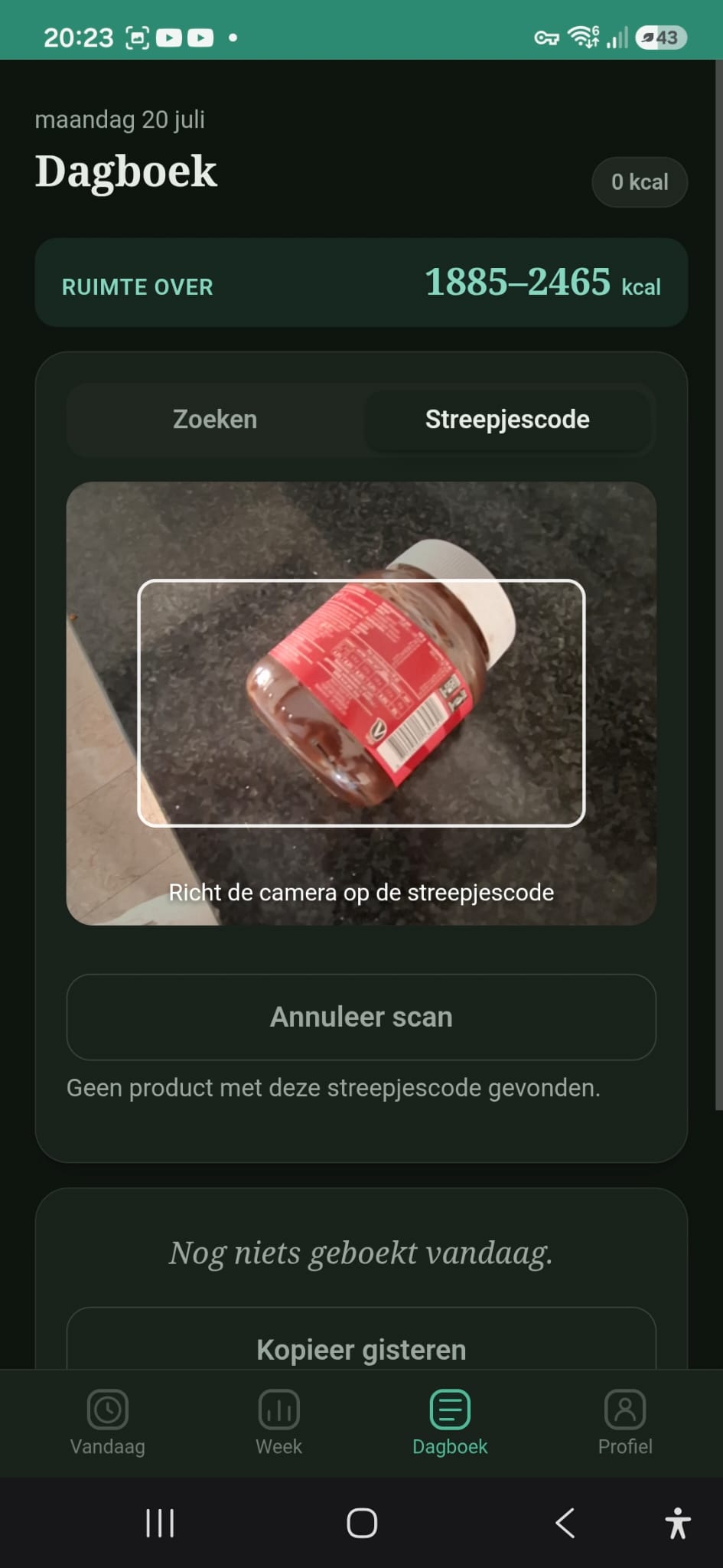 Het dagboek-scherm van Voedingsbalans met streepjescode-scanner en resterende energieruimte